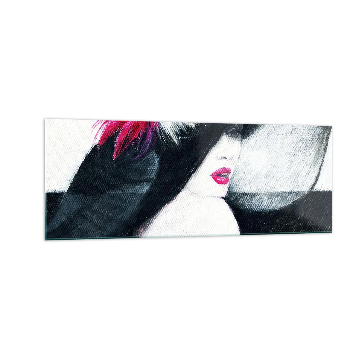 Obraz na szkle - Stylowa kobieta w kapeluszu z piórami - 140x50cm - Zawsze tajemnica - Nowoczesna dekoracja ścienna do salonu i sypialni ARTTOR