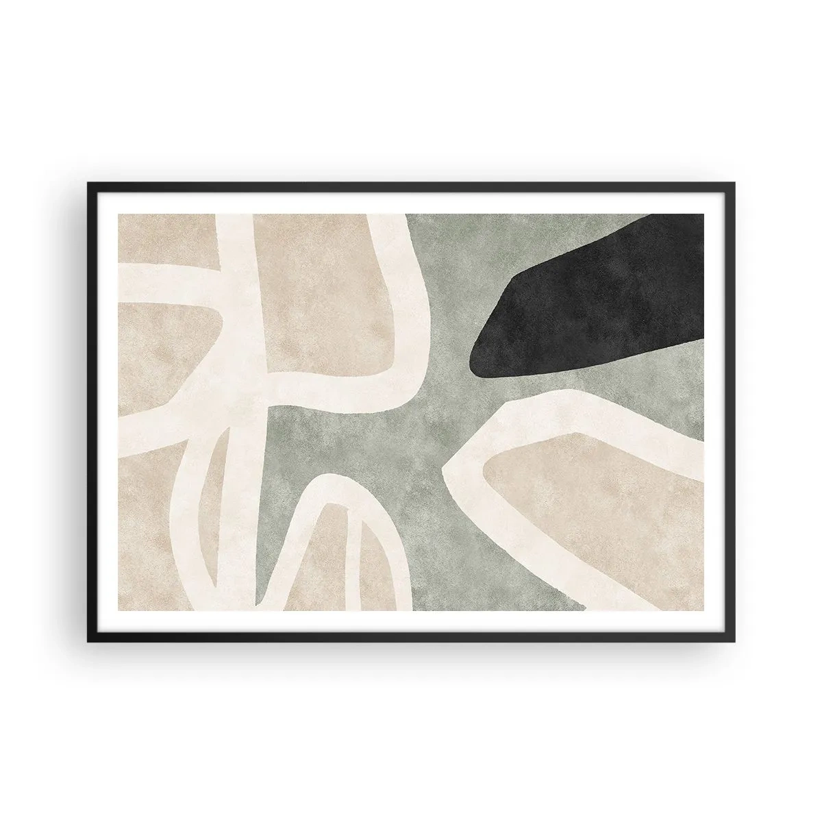 Plakat w czarnej ramie - Abstrakcyjne kształty w stonowanych barwach - 100x70cm - Kompozycja z motywem czerni - Nowoczesna dekoracja ścienna do salonu i sypialni ARTTOR