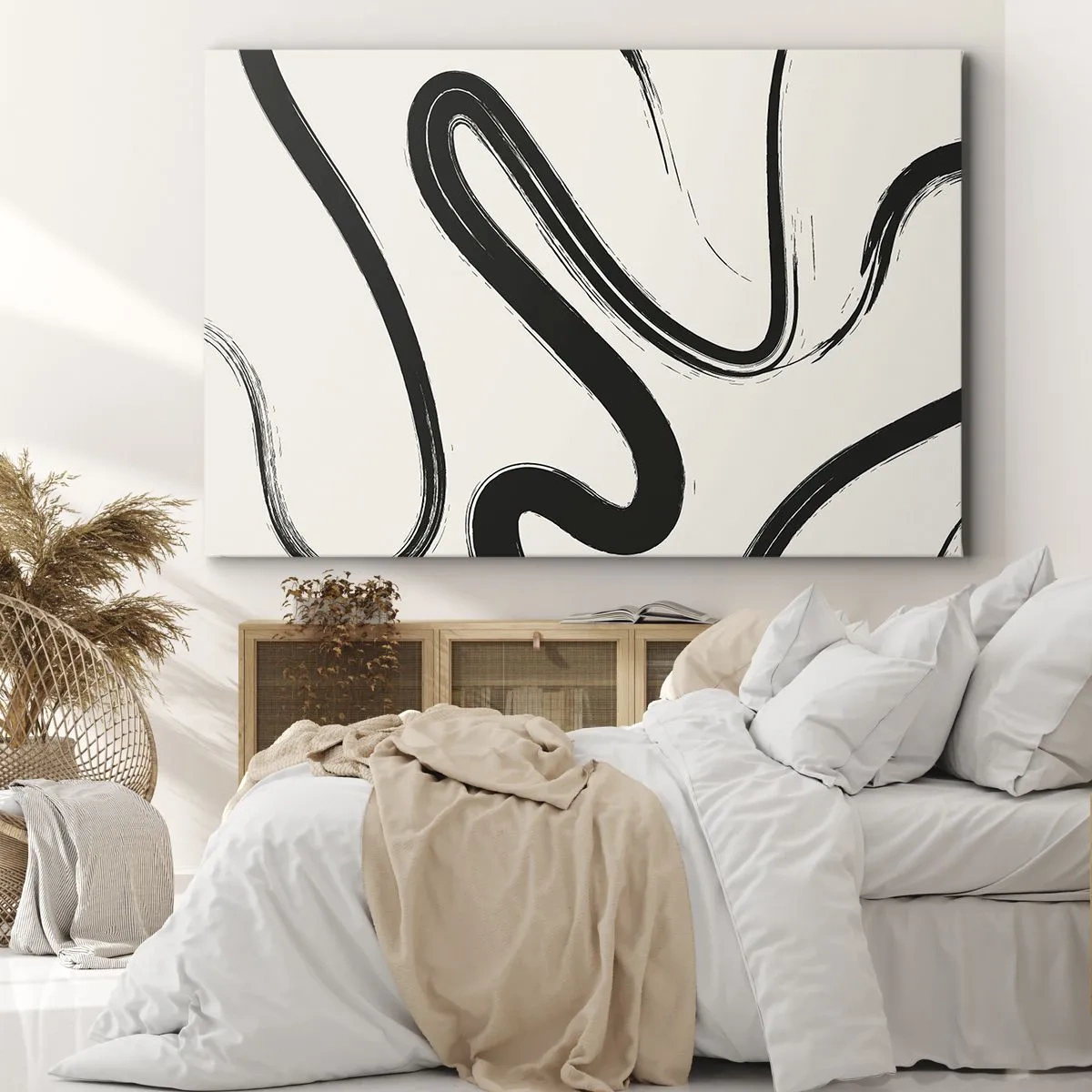 Obraz na płótnie - Czarno-białe krzywe linie na jasnym tle - 70x50cm - Czarno-biała fanaberia - Nowoczesna dekoracja ścienna do salonu i sypialni ARTTOR