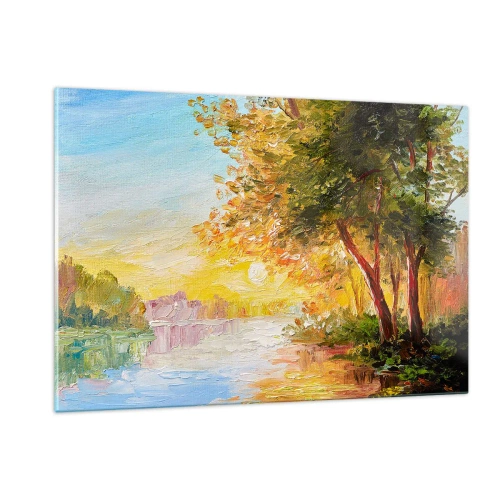 Obraz na szkle - Jezioro z drzewami o zachodzie słońca - 120x80cm - Et in Arcadia ego - Nowoczesna dekoracja ścienna do salonu, kuchni i sypialni ARTTOR