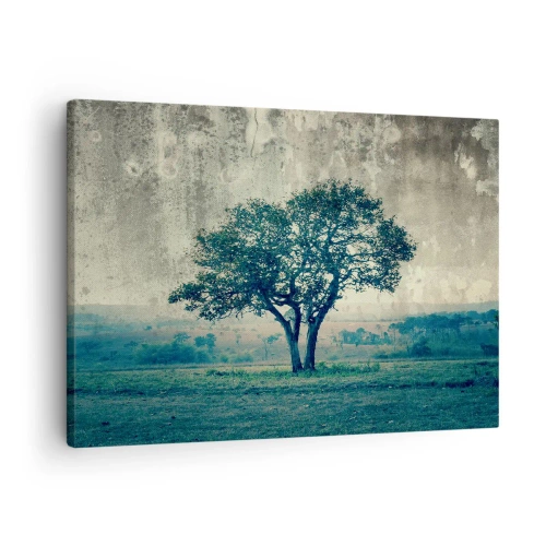 Obraz na płótnie - Samotne drzewo na tle zamglonego krajobrazu - 70x50cm - Jabłoń na błękitnym błoniu? - Nowoczesna dekoracja ścienna do salonu i sypialni ARTTOR