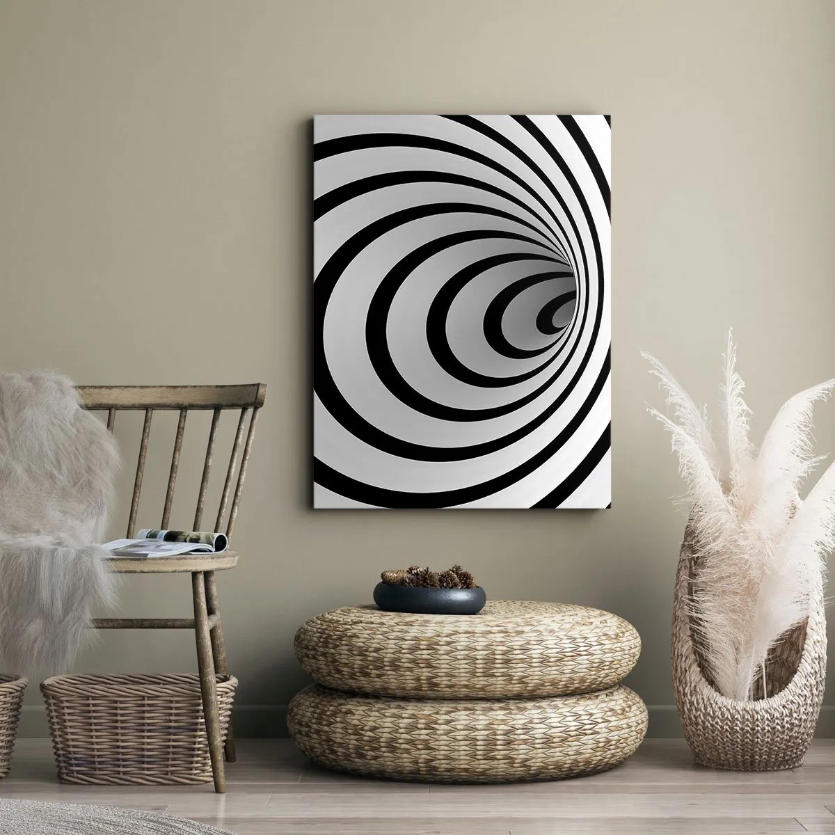 Obraz na płótnie - Hipnotyzujący wzór spirali w czerni i bieli - 50x70cm - Też nie możesz się oprzec? - Nowoczesna dekoracja ścienna do salonu, kuchni i sypialni ARTTOR
