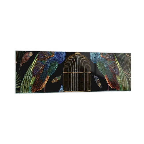 Obraz na szkle - Pawie przy złotej klatce na czarnym tle - 160x50cm - W królewskich szatach - Nowoczesna dekoracja ścienna do salonu i sypialni ARTTOR