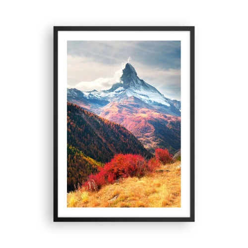 Plakat w czarnej ramie - Jesienny krajobraz górski z ośnieżonym szczytem - 50x70cm - Alpejska jesień - Nowoczesna dekoracja ścienna do salonu i sypialni ARTTOR