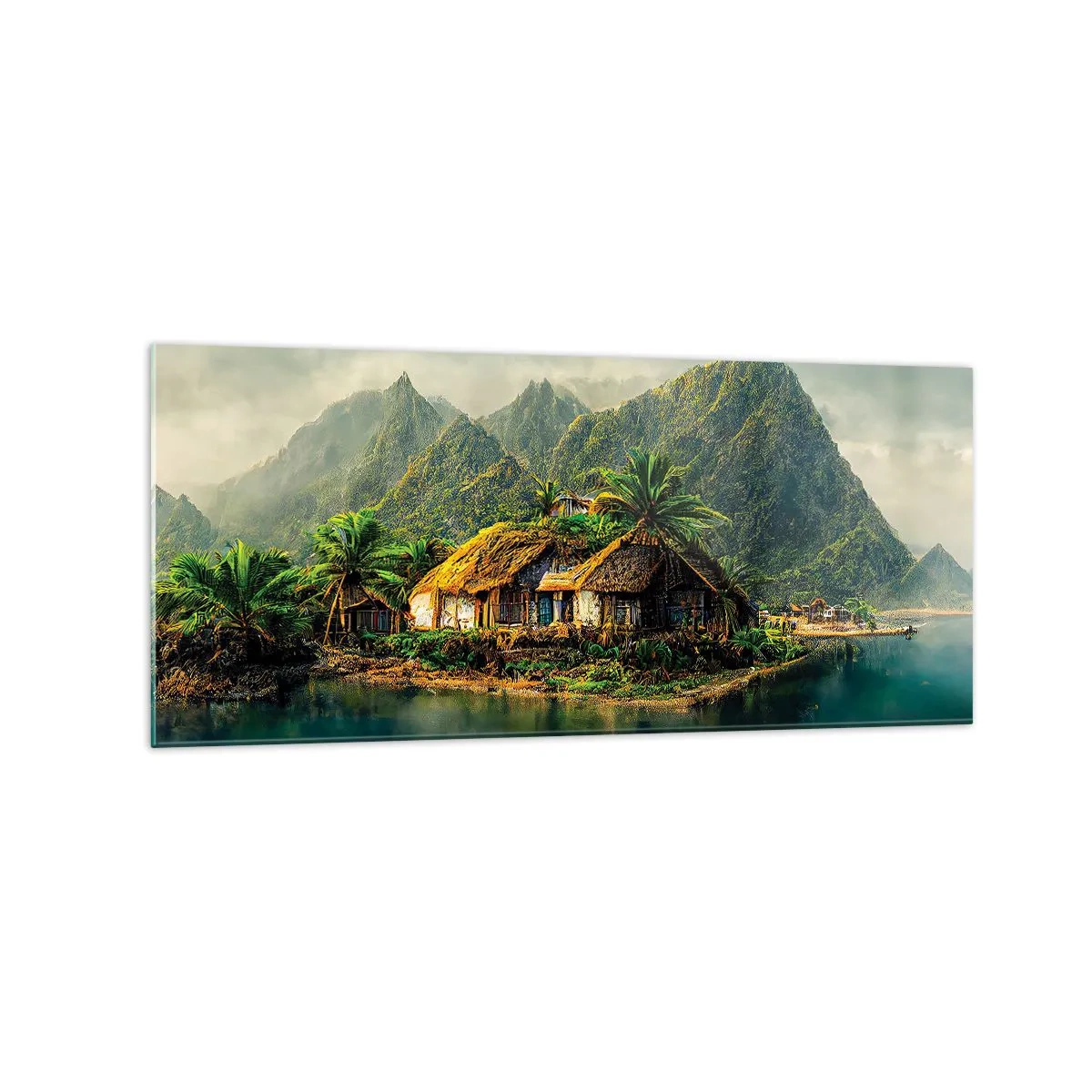 Obraz na szkle - Tropikalna wyspa z palmami i górami w tle - 120x50cm - Tropikalny raj - Nowoczesna dekoracja ścienna do salonu i sypialni ARTTOR