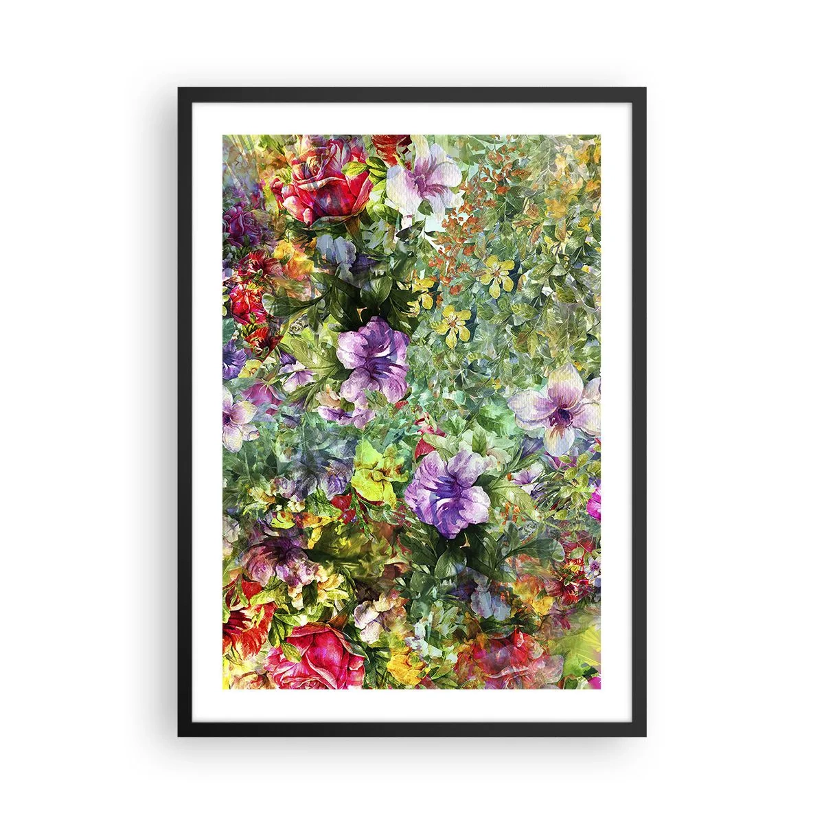 Plakat w czarnej ramie - Kolorowa kompozycja kwiatów - 50x70cm - W kwiaty na zatracenie - Nowoczesna dekoracja ścienna do salonu i sypialni ARTTOR