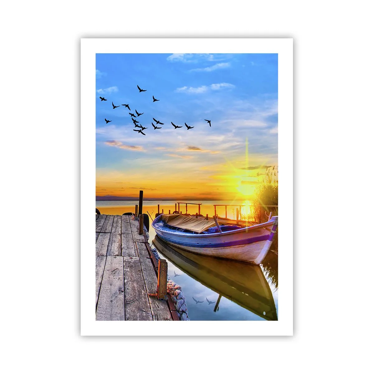 Plakat - Łódka na jeziorze o zachodzie słońca z ptakami w tle - 50x70cm - Do widzenia, do jutra - Nowoczesna dekoracja ścienna do salonu, kuchni i sypialni ARTTOR