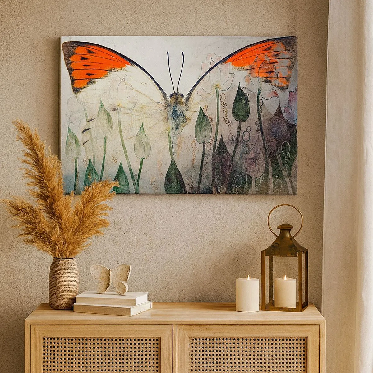 Obraz na płótnie - Motyl z pomarańczowymi skrzydłami na tle stylizowanych kwiatów - 70x50cm - "Kędy się motyl kołysa na trawie" - Nowoczesna dekoracja ścienna do salonu i sypialni ARTTOR