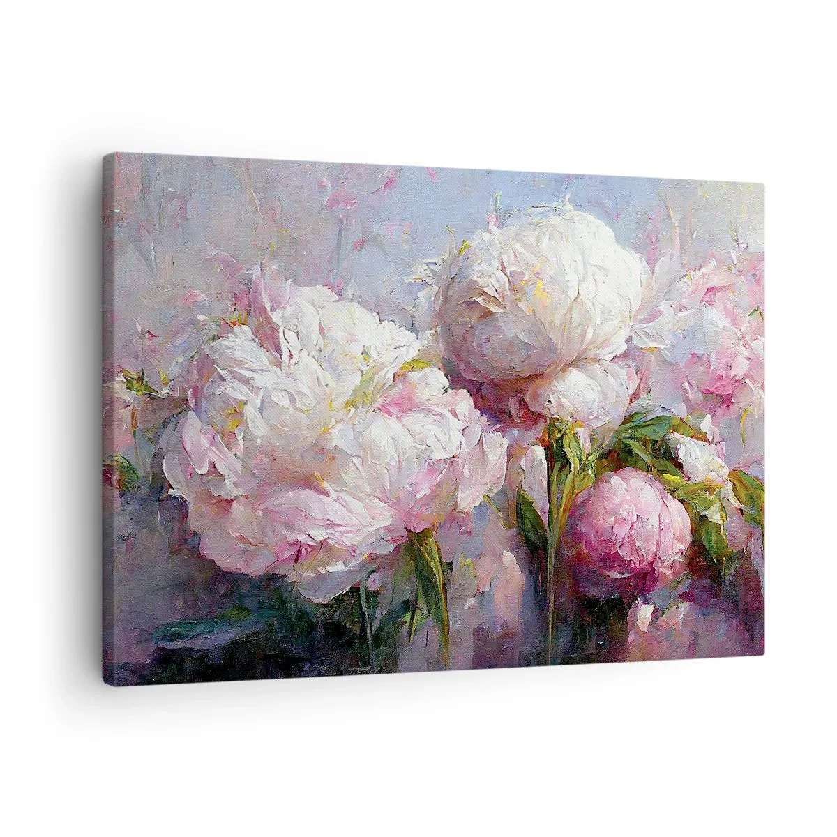 Obraz na płótnie - Romantyczne kwiaty piwonii w pastelowych barwach - 70x50cm - Kipiący życiem bukiet - Nowoczesna dekoracja ścienna do salonu i sypialni ARTTOR