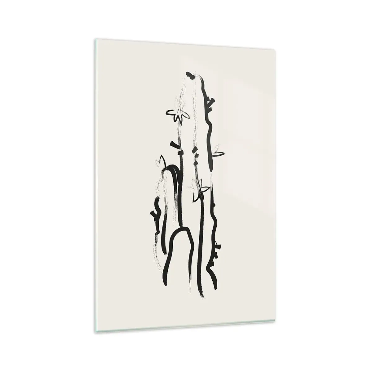 Obraz na szkle - Czarno-biała grafika kaktusa z kwiatami w stylu line art - 80x120cm - Kwitnące zioło - Nowoczesna dekoracja ścienna do salonu i sypialni ARTTOR