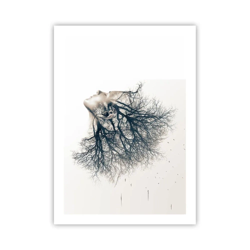Plakat - Twarz kobiety z gałęziami tworzącymi włosy w surrealistycznym stylu - 50x70cm - Zasłuchana w szept drzewa - Nowoczesna dekoracja ścienna do salonu, kuchni i sypialni ARTTOR