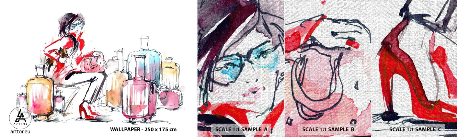 Fototapeta Próbka Premium Canvas - Siądźmy przed podróżą - Kobieta, Podróż, Walizka - 100x30 cm