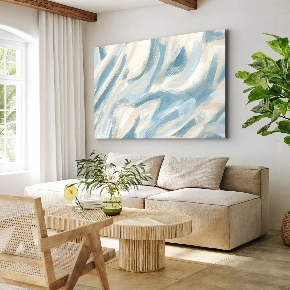 Obraz na płótnie - Abstrakcyjne błękitne smugi na jasnym tle - 70x50cm - Wiosenne powiewy - Nowoczesna dekoracja ścienna do salonu i sypialni ARTTOR