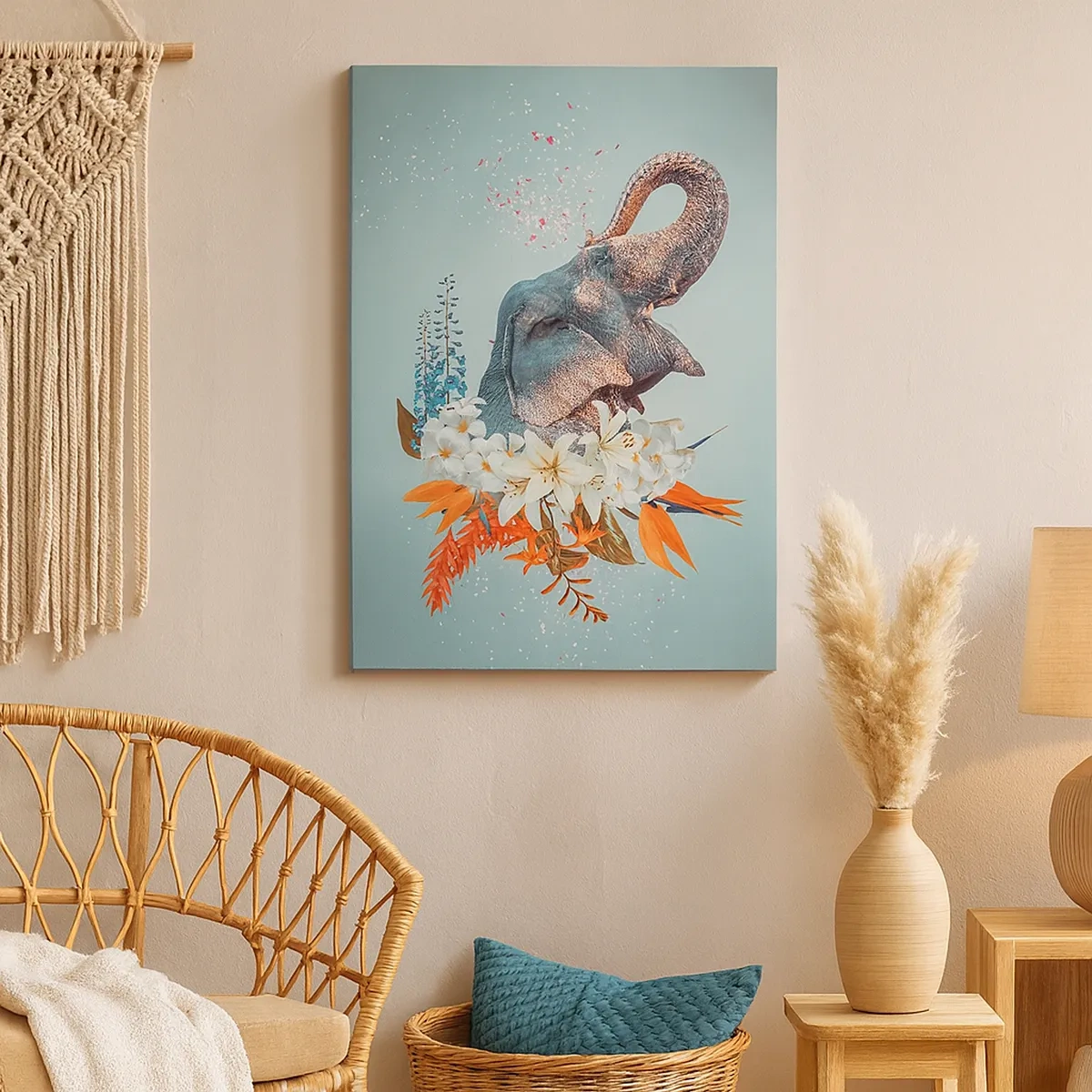 Obraz na płótnie - Słoń otoczony kolorowymi kwiatami na pastelowym tle - 50x70cm - Ryk radości - Nowoczesna dekoracja ścienna do salonu, kuchni i sypialni ARTTOR