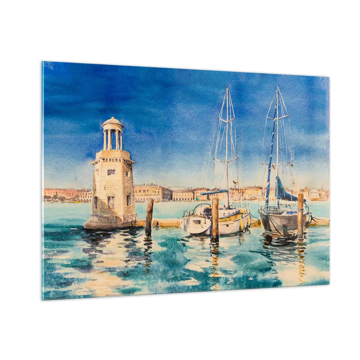 Obraz na szkle - Akwarelowa marina z latarnią i zacumowanymi jachtami - 100x70cm - Słoneczna laguna - Nowoczesna dekoracja ścienna do salonu, kuchni i sypialni ARTTOR