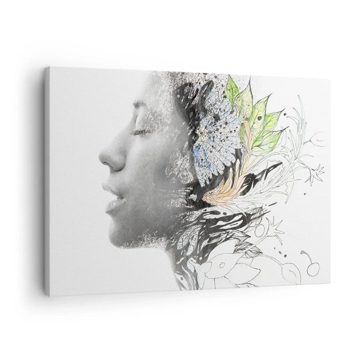 Obraz na płótnie - Profil kobiety w artystycznym kolażu natury i czerni - 70x50cm - Zanurzona w naturze - Nowoczesna dekoracja ścienna do salonu i sypialni ARTTOR