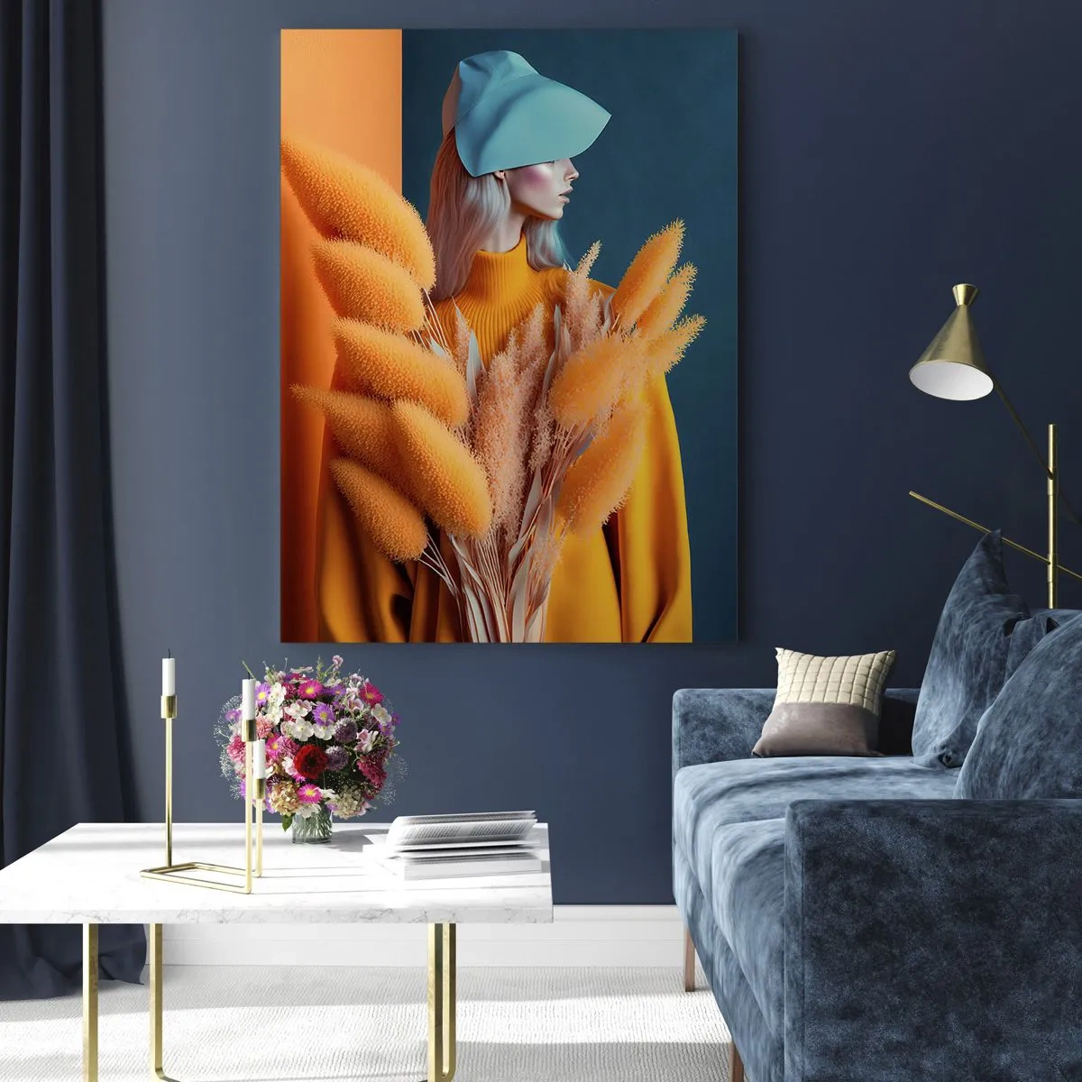 Obraz na szkle - Portret kobiety w żółtym stroju z suszonymi roślinami na tle turkusu - 80x120cm - Portret puszysty - Nowoczesna dekoracja ścienna do salonu i sypialni ARTTOR