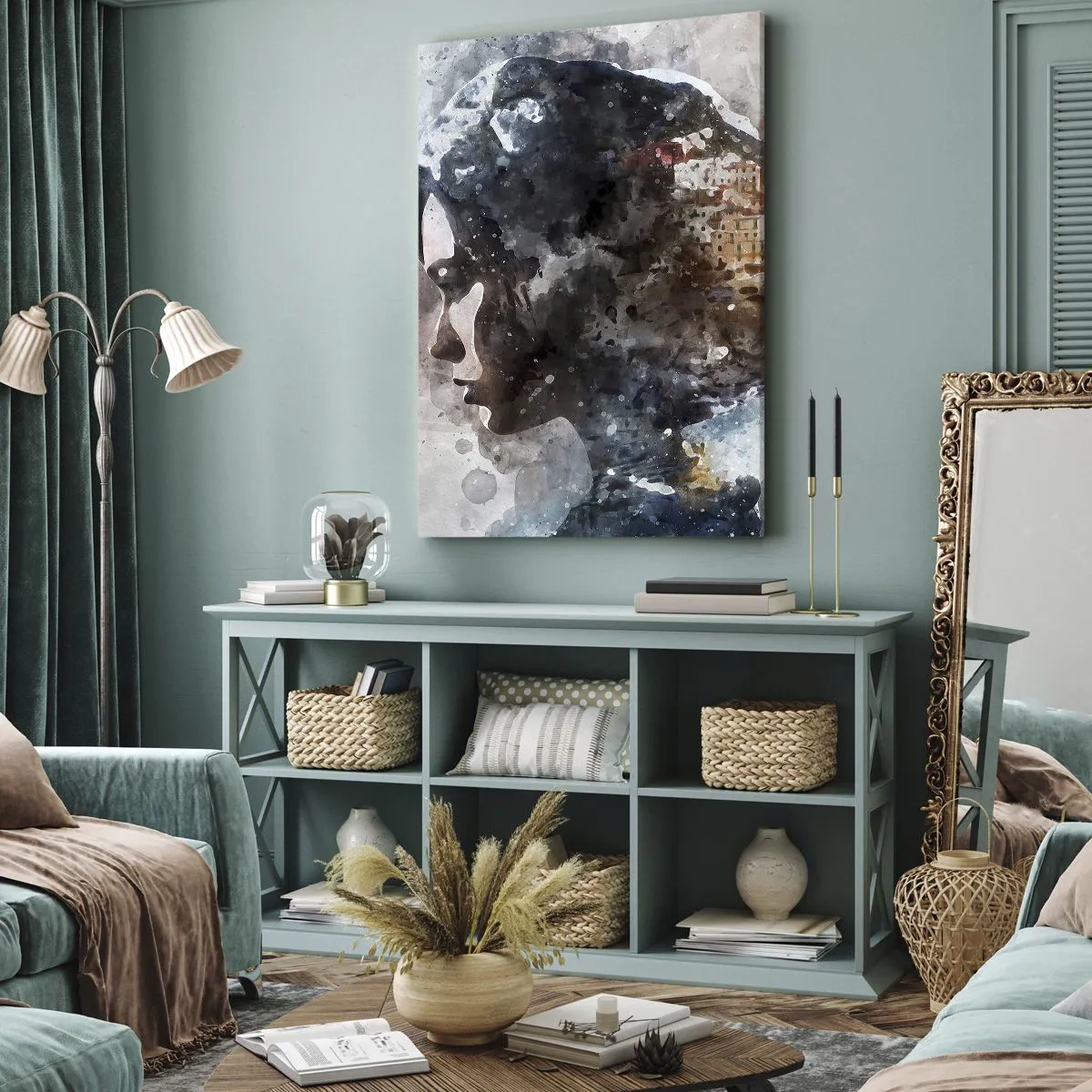 Obraz na płótnie - Artystyczny portret kobiety z elementami abstrakcji i krajobrazu - 50x70cm - Opowieść o dziewczynie z miastem w tle - Nowoczesna dekoracja ścienna do salonu, kuchni i sypialni ARTTOR