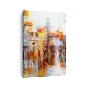 Obraz na płótnie - Abstrakcyjny widok miasta z mostem w ciepłych kolorach - 50x70cm - Pod mostem też pięknie - Nowoczesna dekoracja ścienna do salonu, kuchni i sypialni ARTTOR