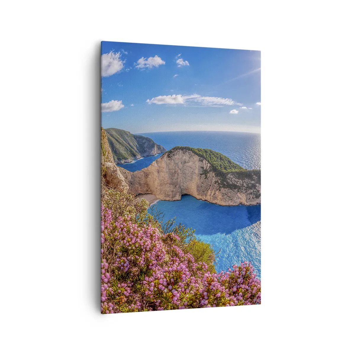 Obraz na płótnie - Klif z kwiatami, turkusowe morze i słoneczny grecki krajobraz - 80x120cm - Moje wielkie greckie wakacje - Nowoczesna dekoracja ścienna do salonu i sypialni ARTTOR