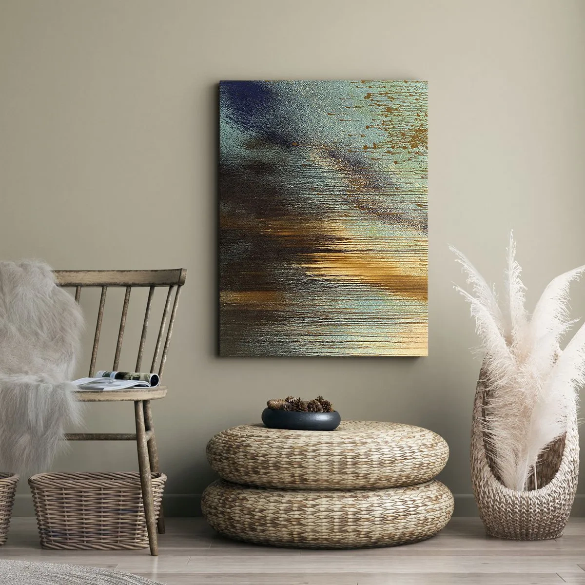 Obraz na płótnie - Abstrakcyjna kompozycja barw w odcieniach złota, brązu i błękitu - 80x120cm - Nieprzypadkowa barwna kompozycja - Nowoczesna dekoracja ścienna do salonu i sypialni ARTTOR