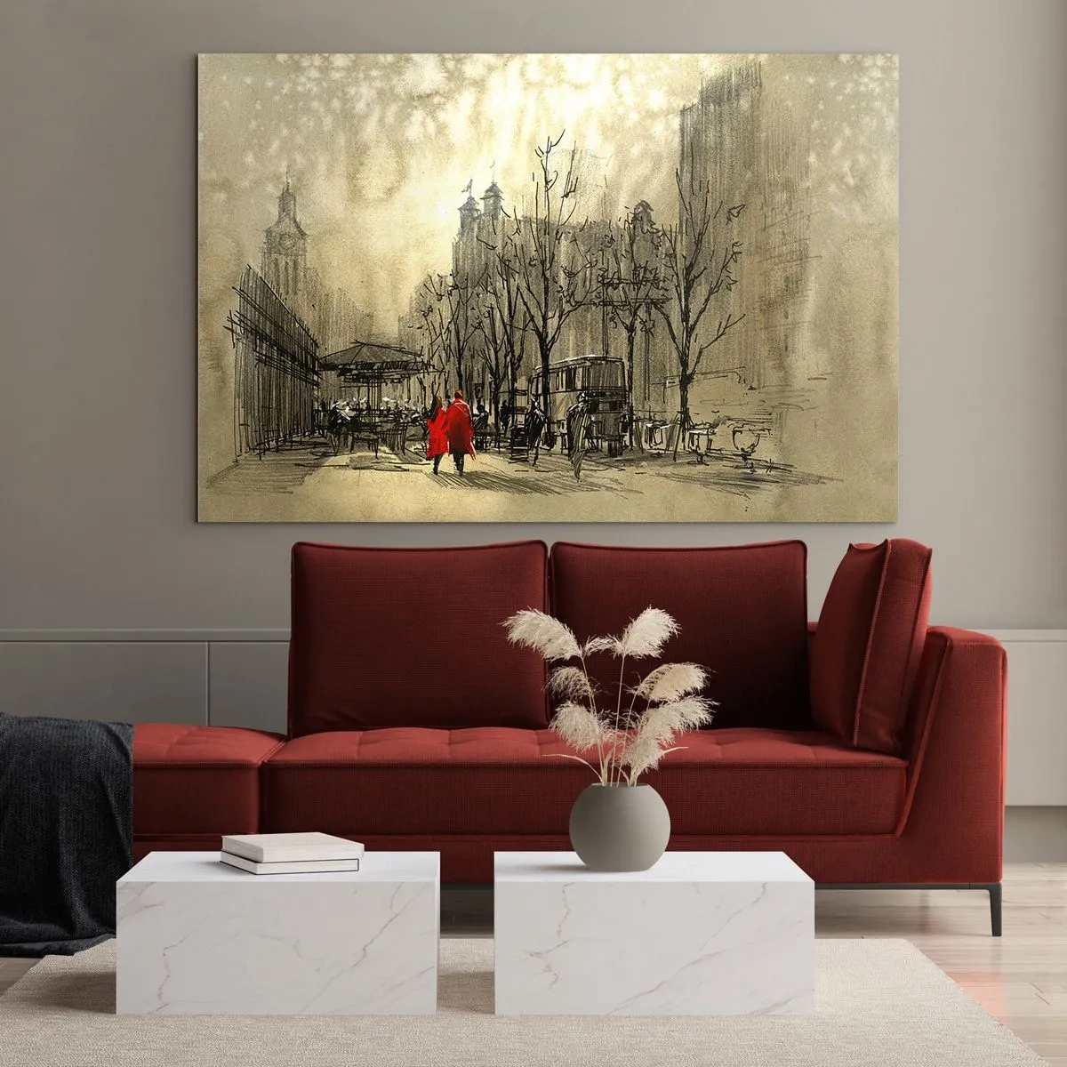 Obraz na szkle - Randka w londyńskiej mgle z akcentem czerwonego płaszcza - 70x50cm - Randka w londyńskiej mgle - Nowoczesna dekoracja ścienna do salonu i sypialni ARTTOR