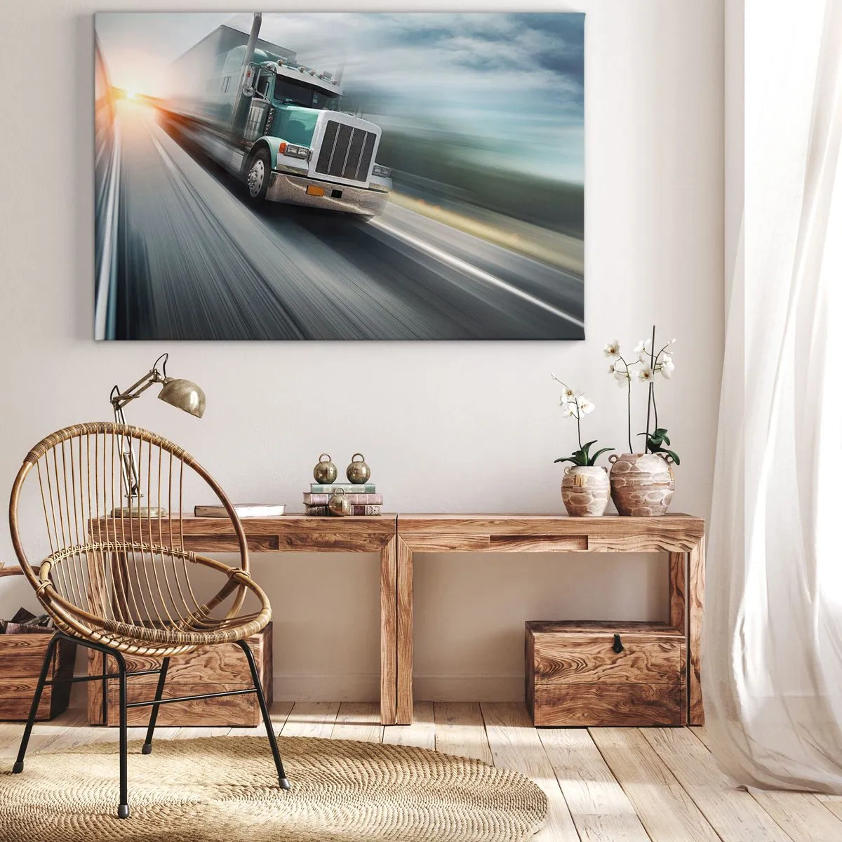 Obraz na płótnie - Ciężarówka na autostradzie w ruchu przy zachodzie słońca - 70x50cm - Amerykański olbrzym w pędzie - Nowoczesna dekoracja ścienna do salonu i sypialni ARTTOR