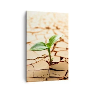 Obraz na płótnie - Zielona roślina wyrastająca z suchej, popękanej ziemi - 80x120cm - Nieposkromiona siła życia - Nowoczesna dekoracja ścienna do salonu i sypialni ARTTOR