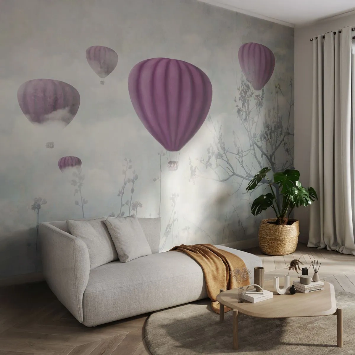Fototapeta Premium Sand - Fioletowe balony unoszące się wśród chmur - 100x70cm - Jak statki na niebie - Nowoczesna dekoracja ścienna do salonu, kuchni i sypialni ARTTOR