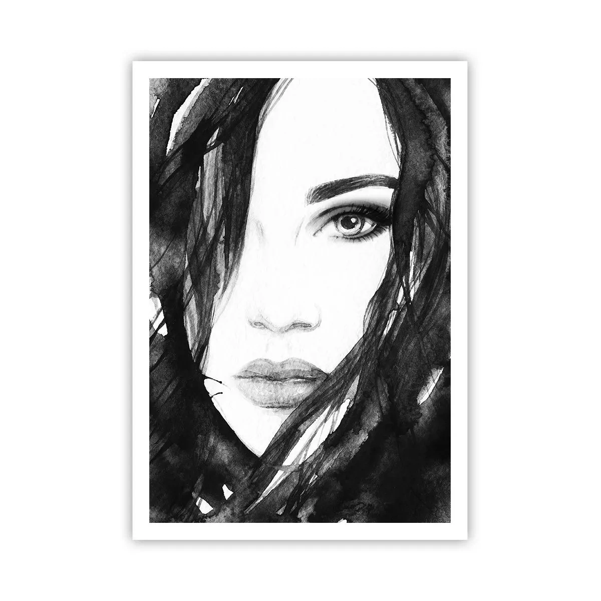 Plakat - Portret damy w czerni i bieli - 70x100 cm