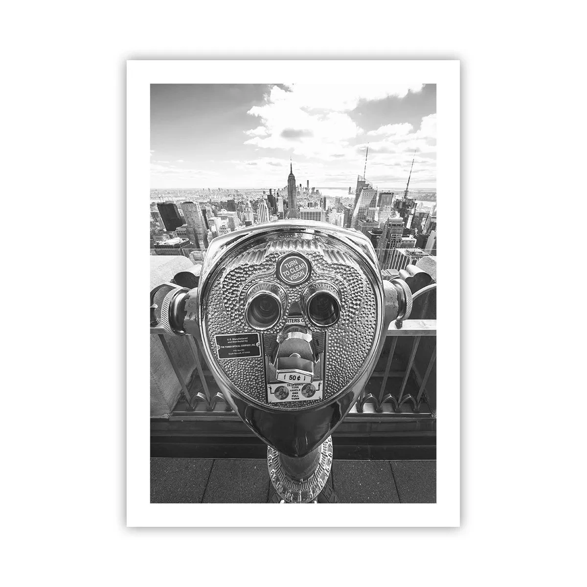 Plakat - Monochromatyczny widok na Nowy Jork z lornetką na pierwszym planie - 50x70cm - Miasto nad miastami - Nowoczesna dekoracja ścienna do salonu, kuchni i sypialni ARTTOR