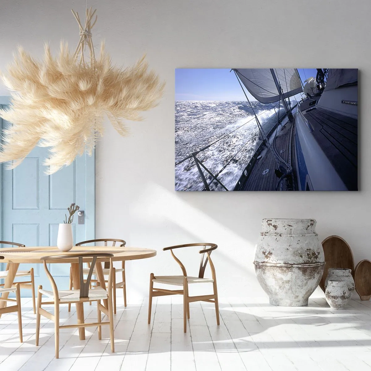 Obraz na płótnie - Żaglówka na wzburzonym morzu z białymi żaglami i drewnianym pokładem. - 120x80cm - Wiem, co to być ptakiem - Nowoczesna dekoracja ścienna do salonu, kuchni i sypialni ARTTOR