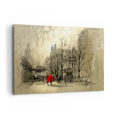 Obraz na płótnie - Czerwona postać w nostalgicznej miejskiej scenerii - 120x80cm - Randka w londyńskiej mgle - Nowoczesna dekoracja ścienna do salonu, kuchni i sypialni ARTTOR