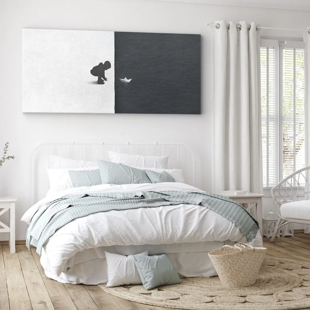 Obraz na płótnie - Postać dziecka z papierową łódką na tle kontrastowych połówek - 160x50cm - Wielka wyprawa - Nowoczesna dekoracja ścienna do salonu i sypialni ARTTOR