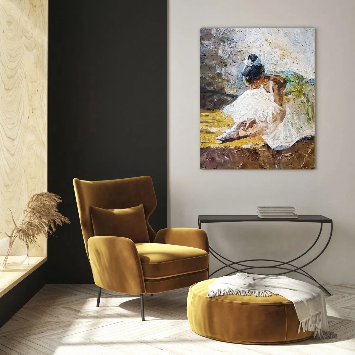 Obraz na szkle - Baletnica pochylona w białej sukni malowana fakturą olejną - 50x70cm - Z obrazu Degasa - Nowoczesna dekoracja ścienna do salonu, kuchni i sypialni ARTTOR