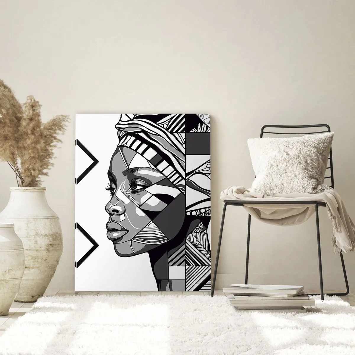 Obraz na szkle - Czarno-biały etniczny portret kobiety w geometrycznych wzorach - 50x70cm - Portret etniczny - Nowoczesna dekoracja ścienna do salonu, kuchni i sypialni ARTTOR