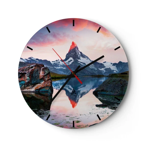 Zegar ścienny - Góra Matterhorn odbijająca się w spokojnym jeziorze o zachodzie słońca - 30x30cm - Serce gór jest gorące - Nowoczesna dekoracja ścienna do salonu, kuchni i sypialni ARTTOR