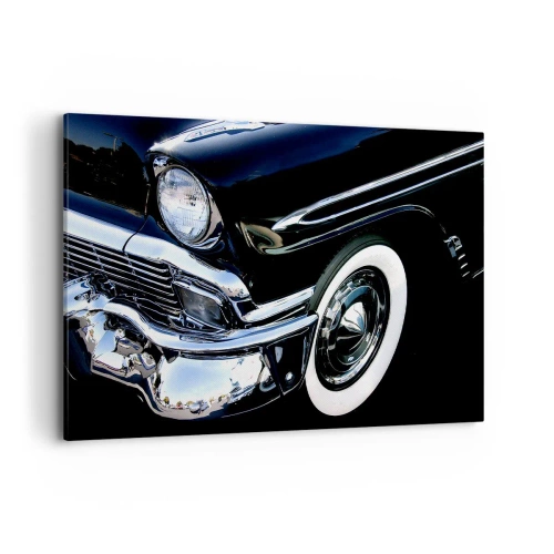 Obraz na płótnie - Czarny klasyczny samochód w zbliżeniu na reflektor i błotnik - 100x70cm - Klasyka w srebrze, czerni i bieli - Nowoczesna dekoracja ścienna do salonu, kuchni i sypialni ARTTOR