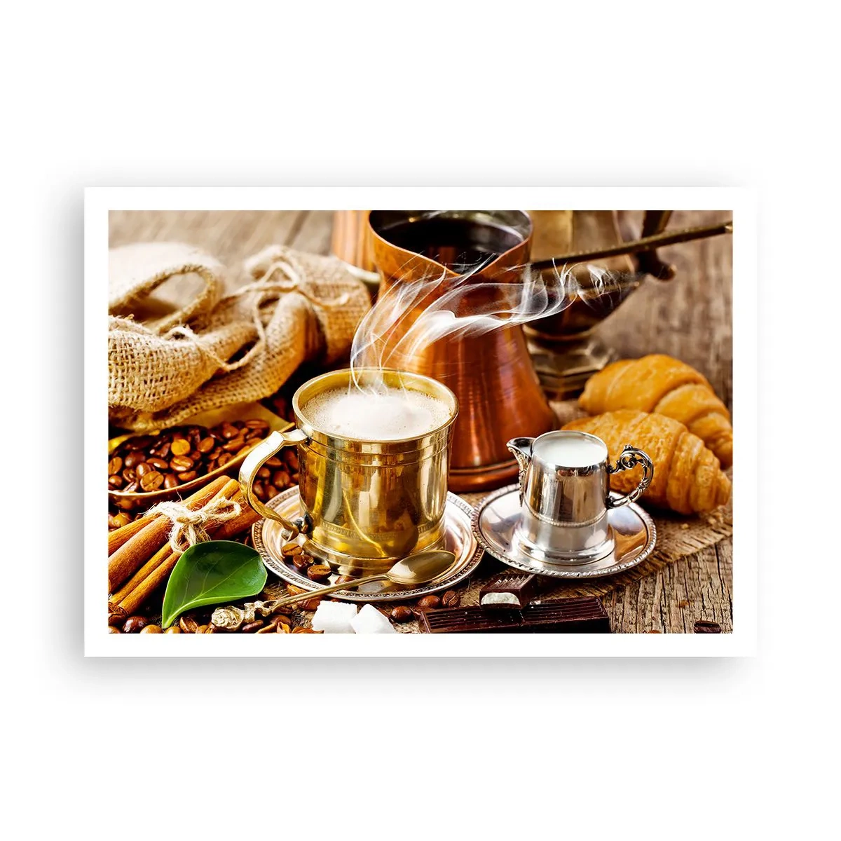 Plakat - Złoty kubek z kawą w otoczeniu ziaren, dzbanuszków i croissantów - 100x70cm - Miłego dnia! - Nowoczesna dekoracja ścienna do salonu i sypialni ARTTOR