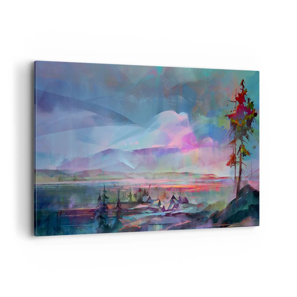 Obraz na płótnie - Pejzaż górski z kolorowym niebem i wioską - 120x80cm - Pod życzliwym niebem - Nowoczesna dekoracja ścienna do salonu, kuchni i sypialni ARTTOR