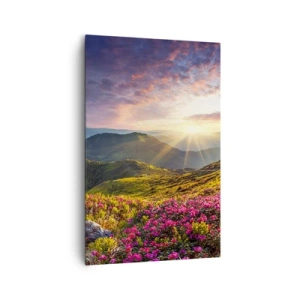 Obraz na płótnie - Górski krajobraz z kwitnącymi rododendronami - 80x120cm - Świeżość górskiego poranka - Nowoczesna dekoracja ścienna do salonu i sypialni ARTTOR