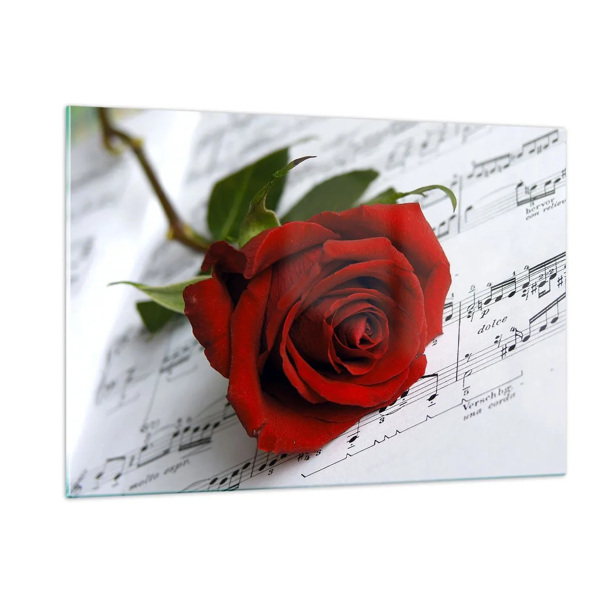 Obraz na szkle - Czerwona róża na tle nut muzycznych - 120x80cm - Muzyka uczuć w szkarłacie - Nowoczesna dekoracja ścienna do salonu, kuchni i sypialni ARTTOR