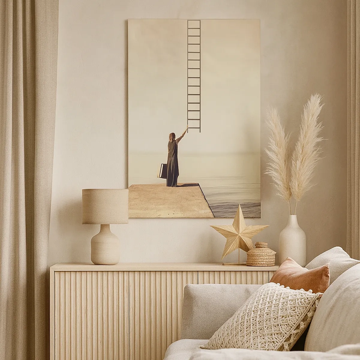 Obraz na płótnie - Kobieta na molo sięgająca po drabinę w niebo - 50x70cm - Magiczna podróż - Nowoczesna dekoracja ścienna do salonu, kuchni i sypialni ARTTOR