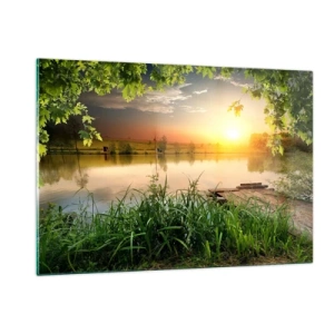 Obraz na szkle - Pejzaż z jeziorem otoczonym zielenią o zachodzie słońca - 120x80cm - Pejzaż w zielonej ramie - Nowoczesna dekoracja ścienna do salonu, kuchni i sypialni ARTTOR