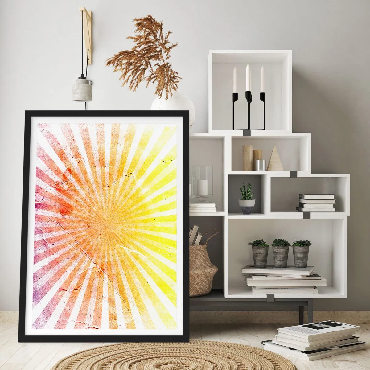 Plakat w czarnej ramie - Abstrakcyjny wzór promieni w odcieniach żółci i czerwieni - 50x70cm - Wschody i zachody - Nowoczesna dekoracja ścienna do salonu i sypialni ARTTOR