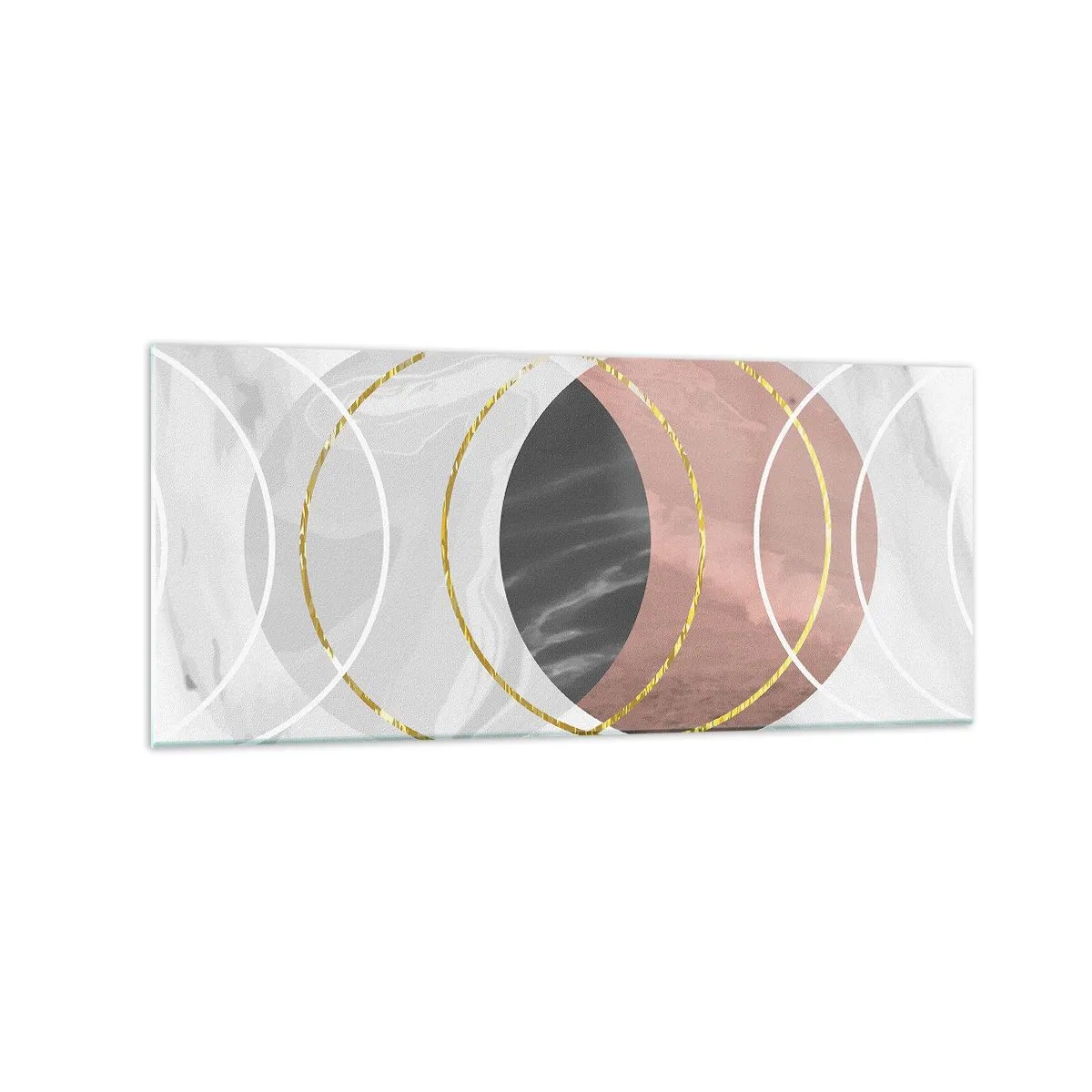 Obraz na szkle - Abstrakcyjna kompozycja geometryczna z kołami i metalicznymi detalami - 120x50cm - Muzyka sfer - Nowoczesna dekoracja ścienna do salonu i sypialni ARTTOR