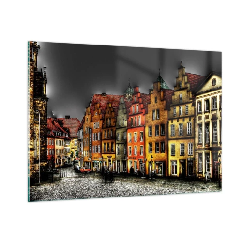 Obraz na szkle - Kolorowe kamienice na tle pochmurnego nieba - 100x70cm - Brakuje tylko zaczarowanej dorożki - Nowoczesna dekoracja ścienna do salonu, kuchni i sypialni ARTTOR