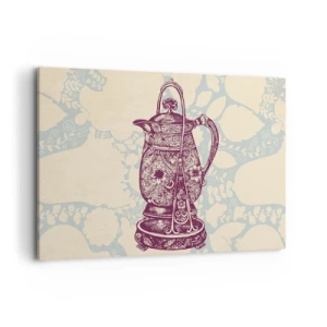 Obraz na płótnie - Stylizowany dzbanek z ornamentami na tle kwiatowym - 120x80cm - Uroda codzienności - Nowoczesna dekoracja ścienna do salonu, kuchni i sypialni ARTTOR