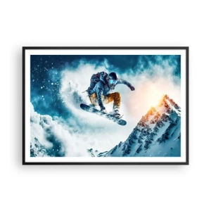 Plakat w czarnej ramie - Snowboardzista w locie nad ośnieżonymi górami - 100x70cm - Ekstremalne emocje - Nowoczesna dekoracja ścienna do salonu i sypialni ARTTOR