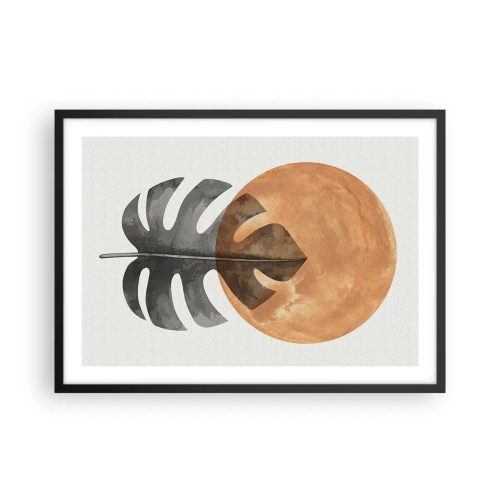 Plakat w czarnej ramie - Liść monstery i złote koło na jasnym tle - 70x50cm - Zawsze słońce - Nowoczesna dekoracja ścienna do salonu i sypialni ARTTOR